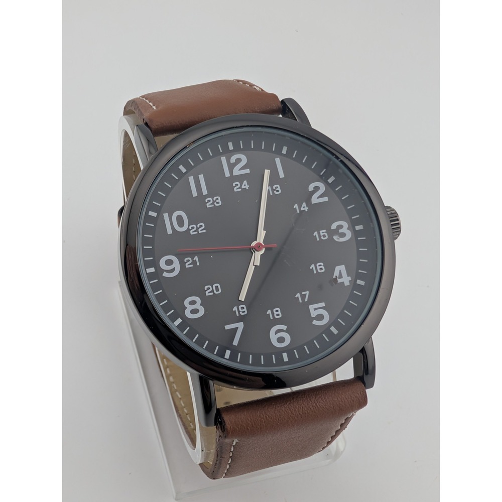 George Watch Men 45mm Black Case Brown Vegan Leather Band- New Battery